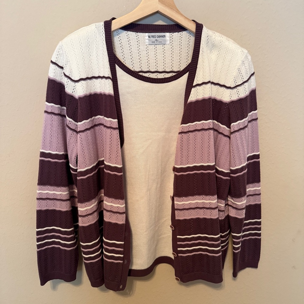Alfred Dunner Women’s Size XL Faux Twinset Sweater Purple White Striped Cardigan - Picture 2 of 7
